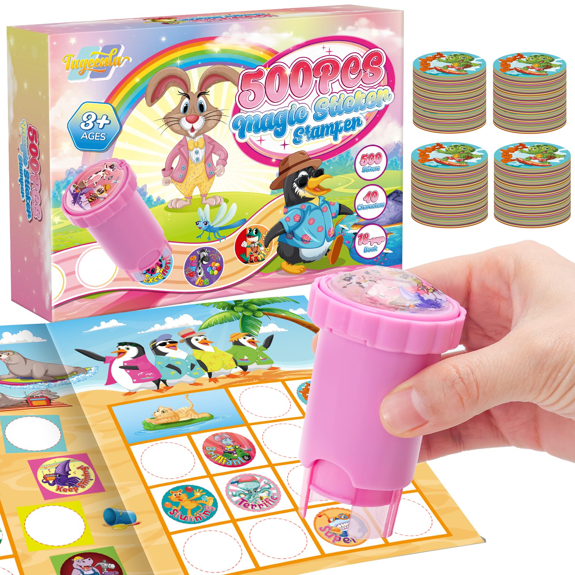 Photo 1 of Sticker Stamper and 500 Reward Stickers,18-Page Activity Books,40 Cartoon Animals,Arts and Crafts Travel Quiet Toy for Toddlers,Cute Character Refills,Teacher Praise Gifts for Girls & Boys 3+