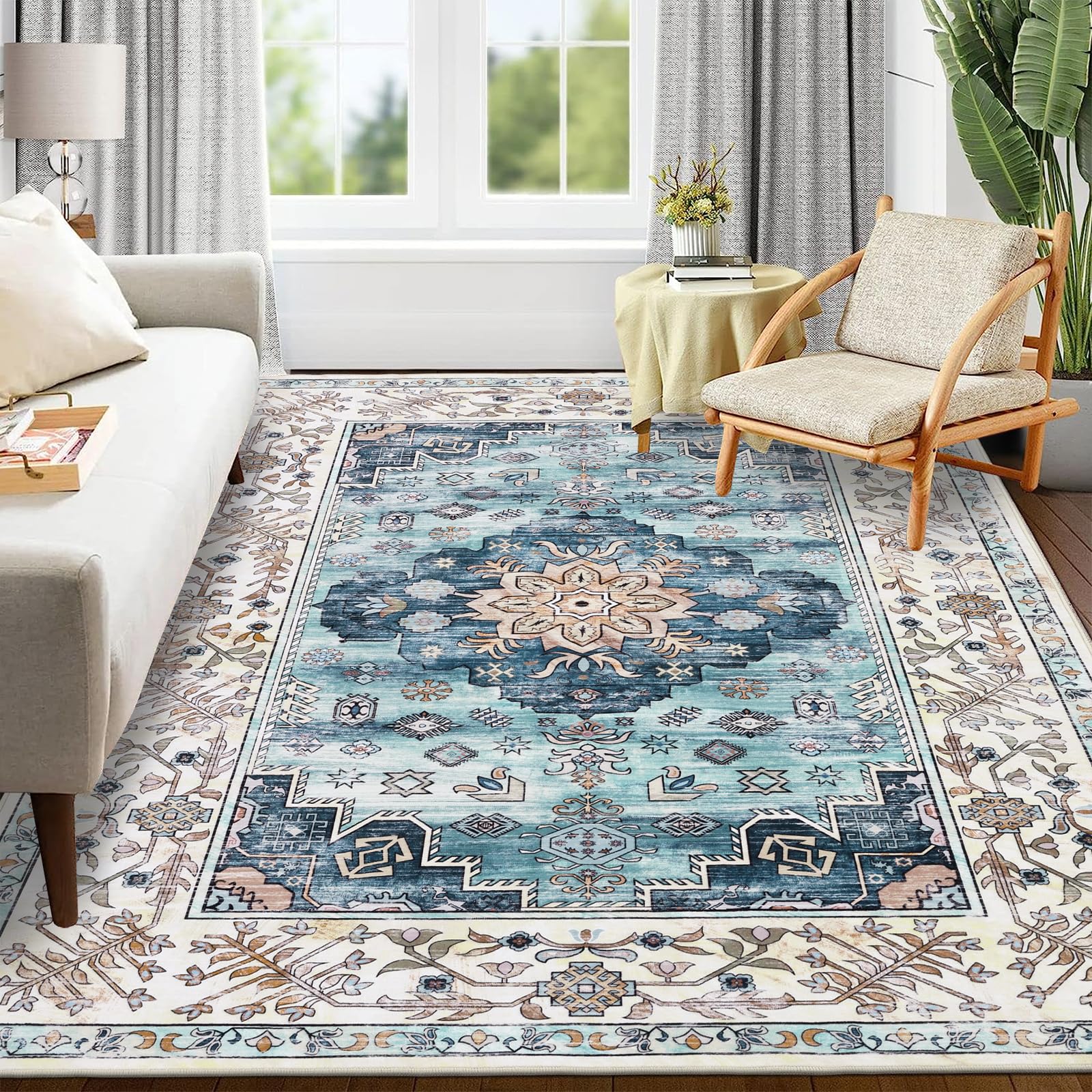Enyhom Large Vintage Area Rug, 120 x 180 cm Non-Shedding Print Floor Carpet Machine Washable Rugs for Living Room Non Slip Traditional Boho Floor Carpet Rugs for Bedroom Dining Room, Vintage Teal