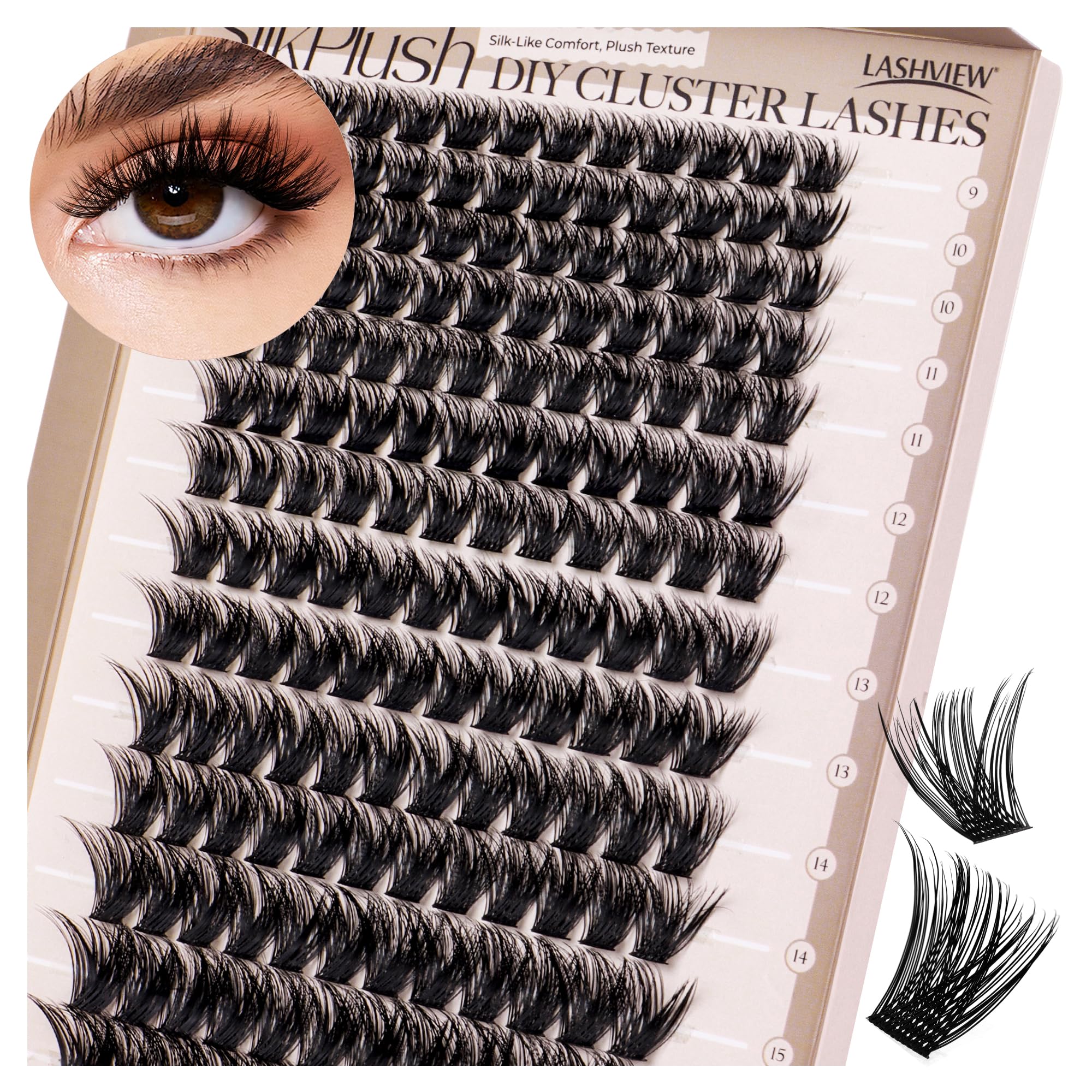 LASHVIEW Cluster Lashes D Curl Volume Eyelash Clusters 9-16mm Mix SilkPlush Soft Fluffy DIY Cluster Eyelash at Home-Style W50