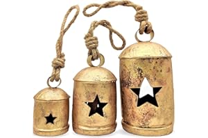 Carfar Set of 3 Rustic Style Large Star Cut Bells Handmade Metal Harmony Christmas Hanging Cow Bells Complete Set on Jute Rope