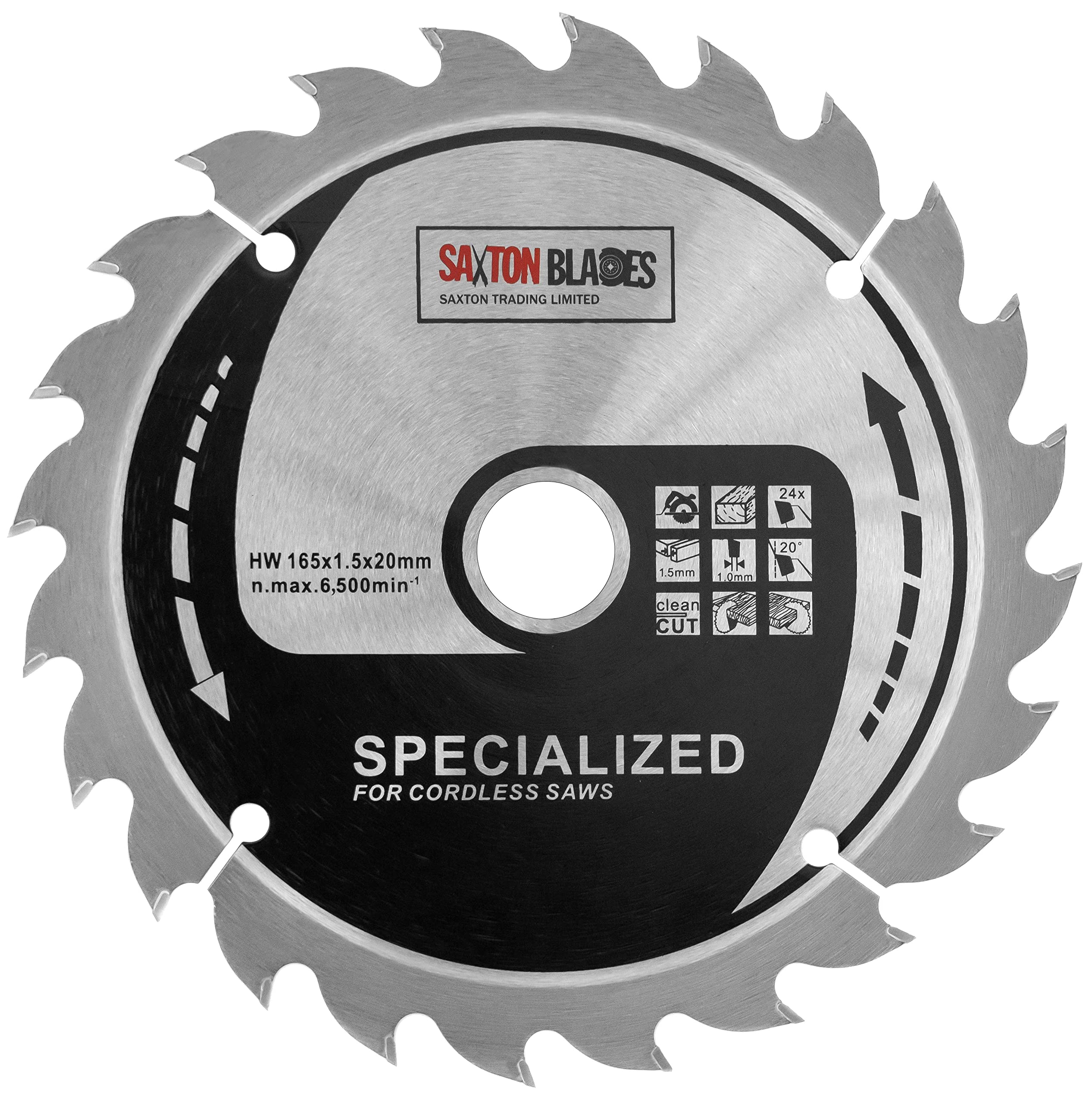 Saxton TCT16524T 165mm x 24t TCT Thin Kerf Cordless Circular Saw Blade Compatible with Dewalt Makita