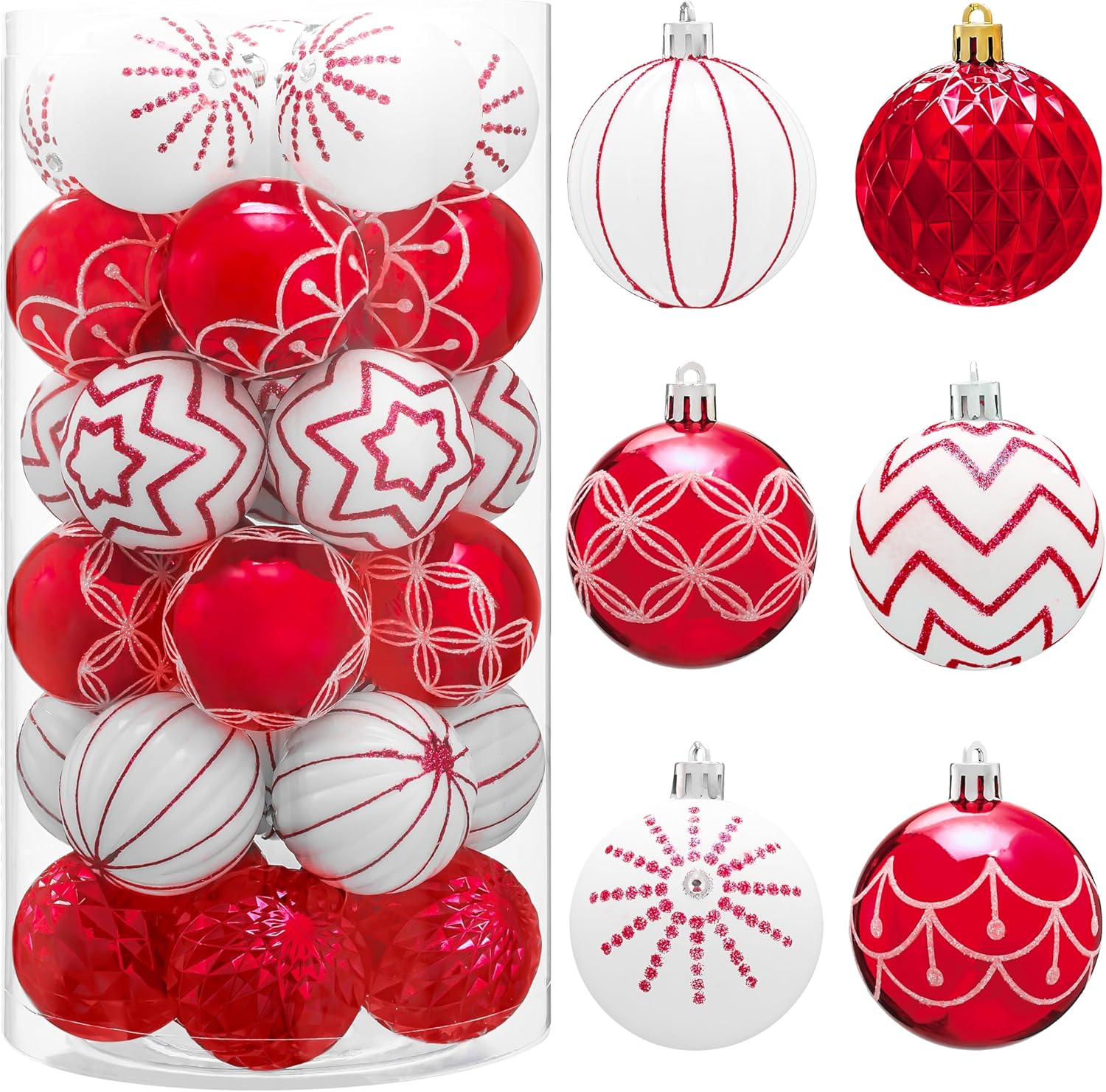 Ornaments - Joiedomi 30 Pcs 2.3” Designed Christmas Red and White Ball Ornaments Assorted Design, Xmas Tree Decoration Ball, Shatterproof Ball for Christmas Decor Holiday Party Favor Supplies Indoor Decoration