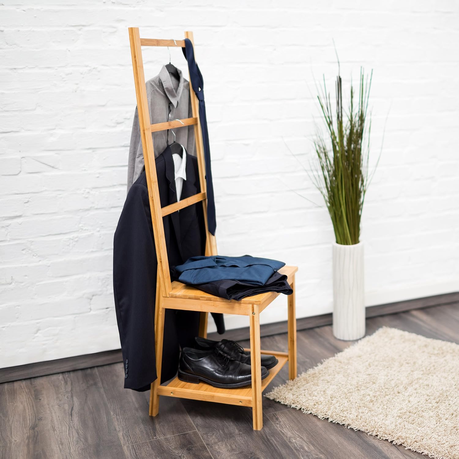Relaxdays Free-Standing Bamboo Towel Holder, 40 x 105 x 27 cm, 3 Rails and 1 Shelf, Clothes Stand, Natural Brown - Image 3