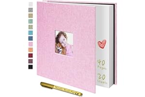 Yopih Photo Album Self Adhesive with Writing Space for 4x6 5x7 8x10 Pictures Scrapbook Album Linen Hardcover Pink DIY Length 11x10.6 Inch 40 Pages with A Metallie Pen