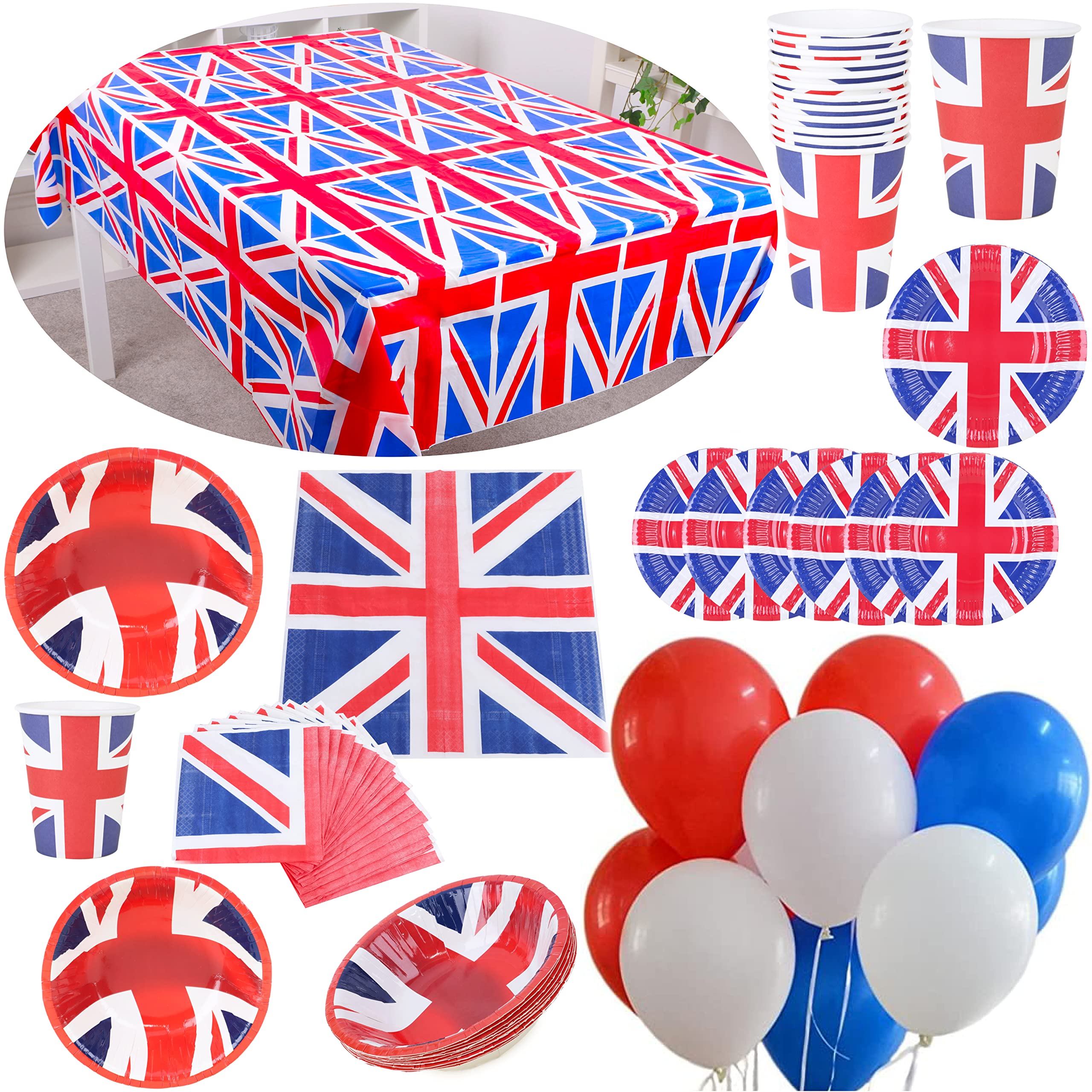 Toyland® 83 Piece Party Bundle - 1 x Large Tablecloth, 20 Napkins, 12 Paper Cups, 10 Bowls, 10 Plates & 30 Red, White & Blue Latex Balloons - British Decorations VE DAY