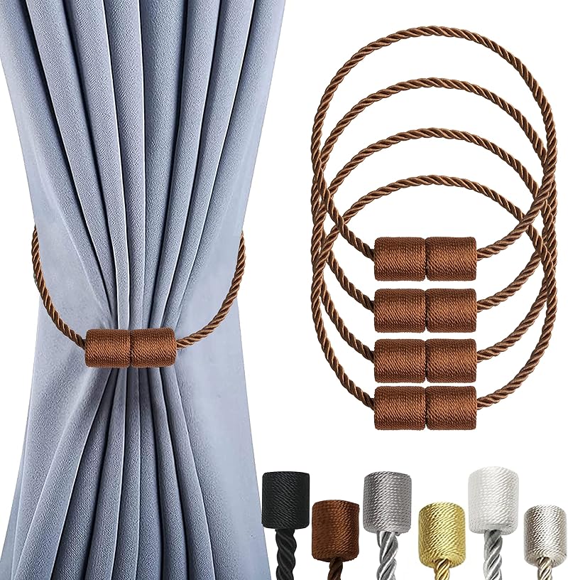 OCIOLI 4 Pack Magnetic Curtain Tiebacks Coffee Twist Rope with Magnets