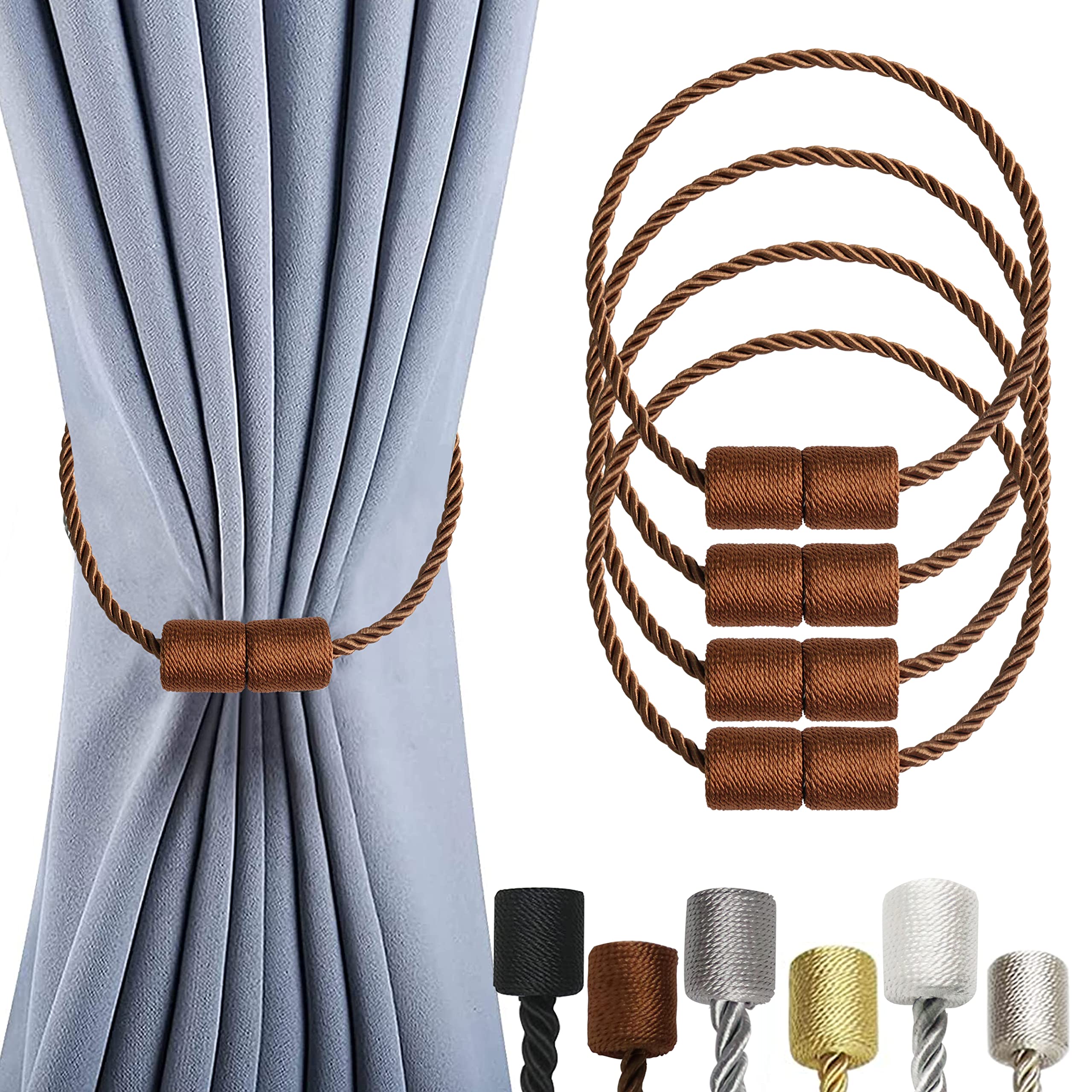 OCIOLI 4 Pack Magnetic Curtain Tiebacks Curtain Holdbacks Curtain Tiebacks Curtain Ties with Thicker Twist Rope & Strong Magnet Tie Backs for Curtains (Coffee, 4)