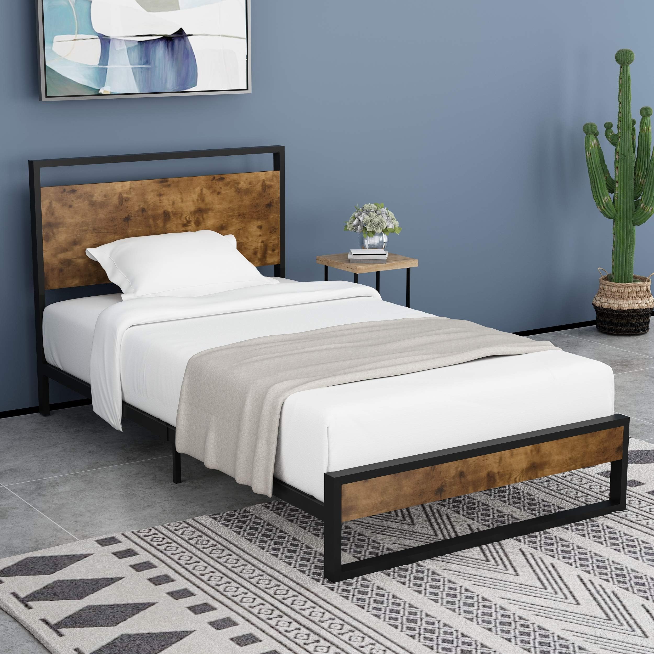 Amooly Twin Metal and Wood Platform Bed with Headboard/Box Spring Optional/Metal Slat Support