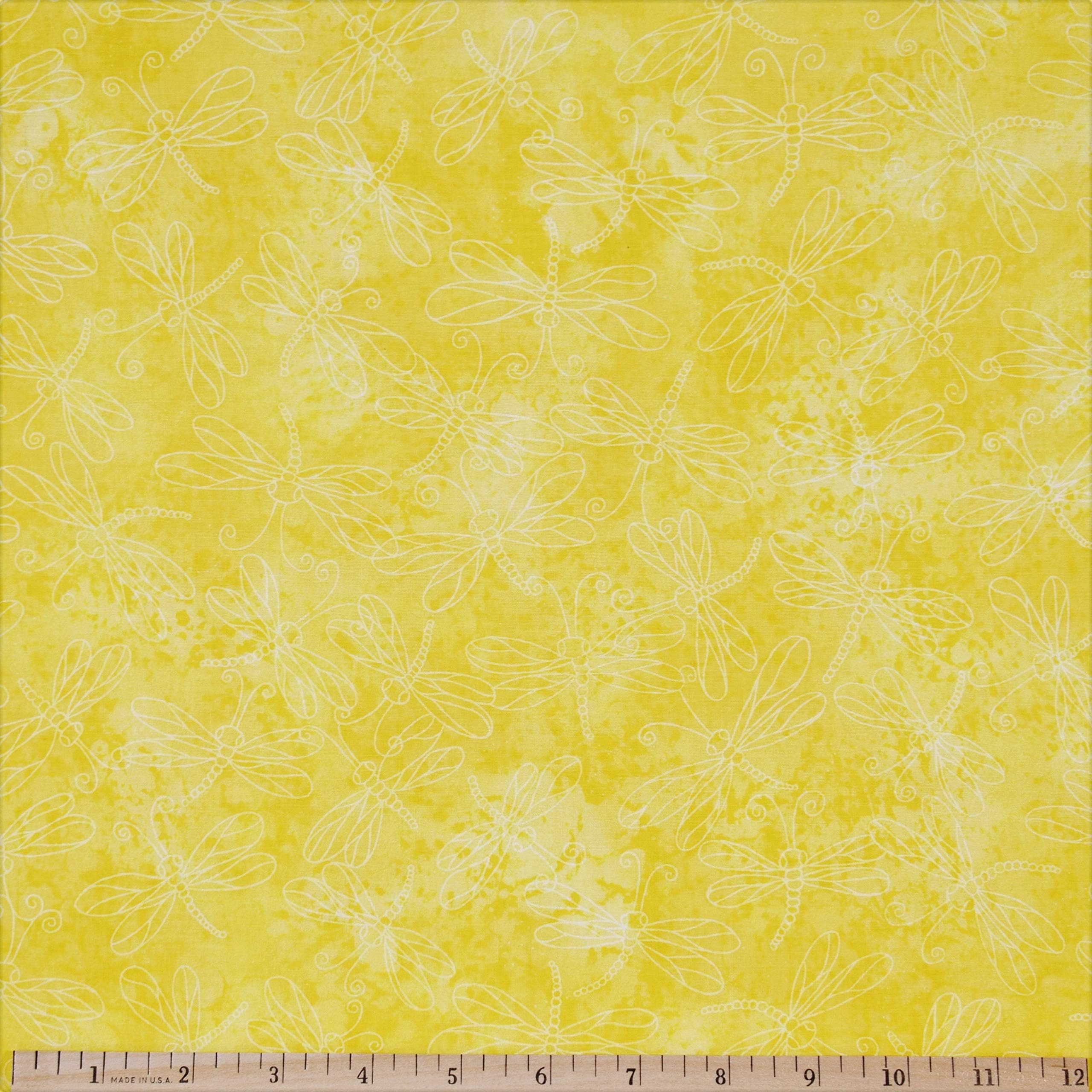 Dragonfly Fabric Flying Dragonflies in Yellow 100% Cotton Fabric by The Yard