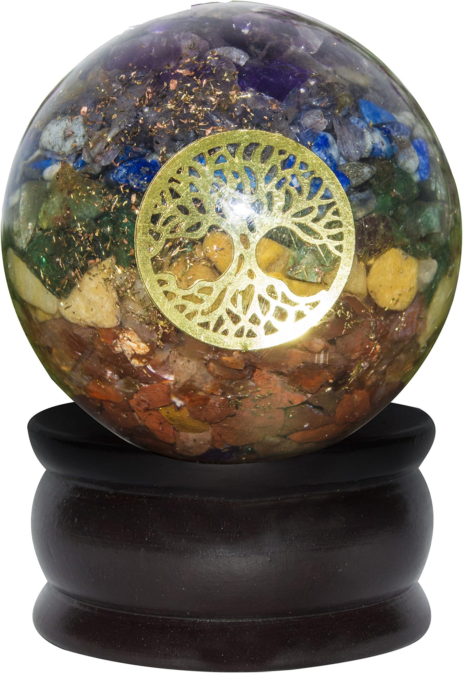 Crocon Gemstone Orgone Sphere Ball with Tree of Life Symbol for Reiki Healing Chakra Balancing Energy Generator EMF Protection Good Luck Prosperity Meditation Spiritual Decor (Seven Chakra)