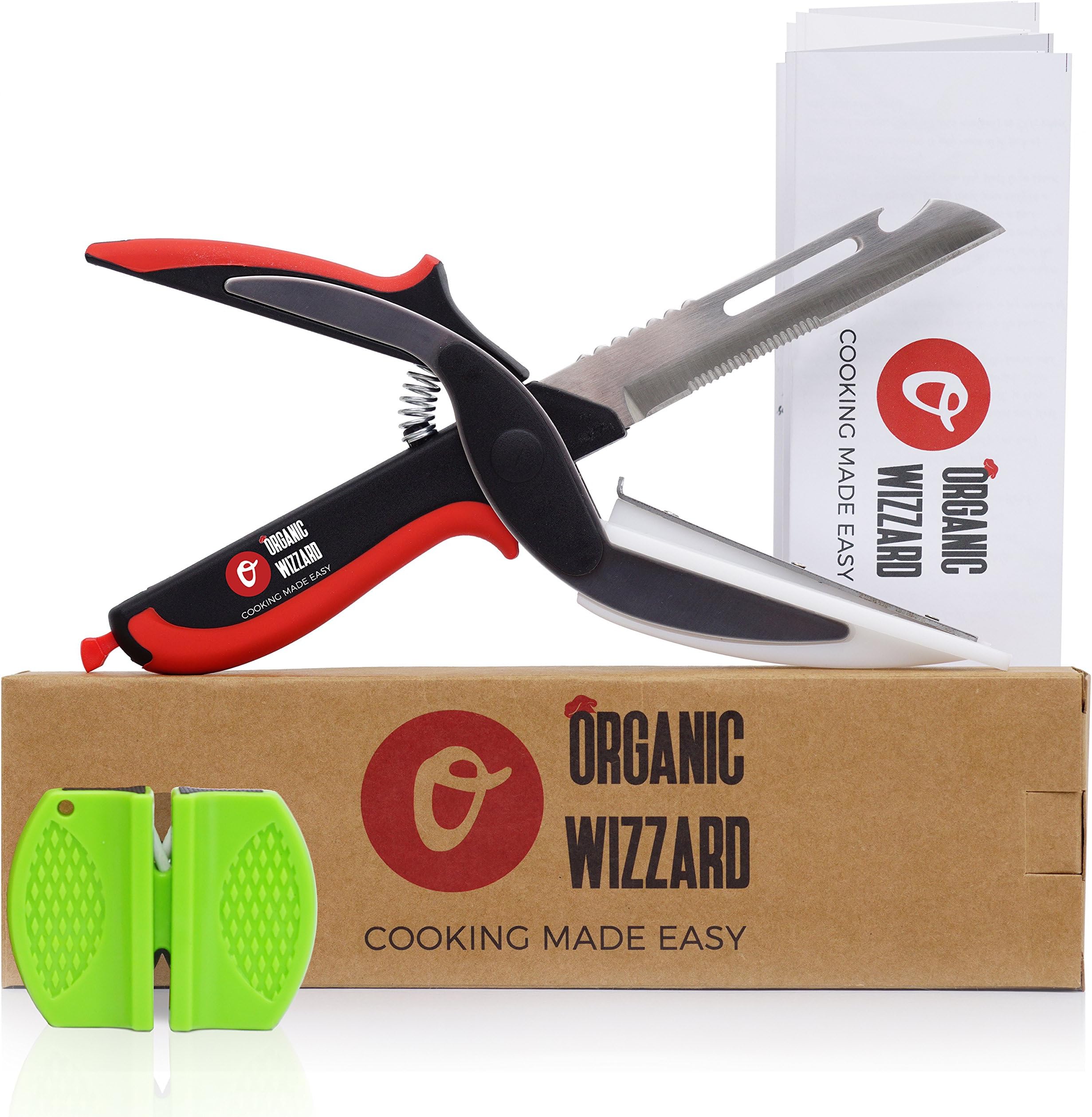 Organic Wizzard Kitchen Knife with Cutting Board and Sharpener, 5 in 1 Universal Scissors Food Chopper, Slicer, Cutter, Dicer for Vegetables Fruits Meat and Cheese.