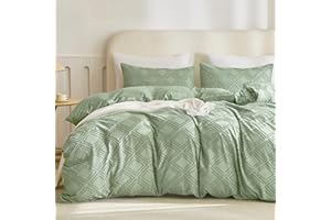 JELLYMONI Duvet Cover Queen Size Light Green 3PCS Boho Duvet Cover Set Plaid Microfiber Tufted Bohemian Jacquard Knit Textured Comforter Cover Rhombic Geometric Pattern with Corner Ties & Zipper
