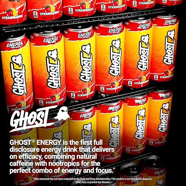 GHOST ENERGY DRINK – 12-PACK, STRAWBANGO, 16OZ – ENERGY & FOCUS & NO ARTIFICIAL COLORS – 200MG OF NATURAL CAFFEINE, L-CARNITINE & TAURINE – GLUTEN-FREE & VEGAN