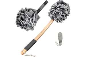 Toem Loofah Back Scrubber for Shower | Bamboo Charcoal Fiber Infused | Loufas for Men & Women | Includes 1 Long Handled Shower Sponge, 1 Bath & Shower Luffa Pouf & 1 Hook to Hang Stuff (Slate Grey)
