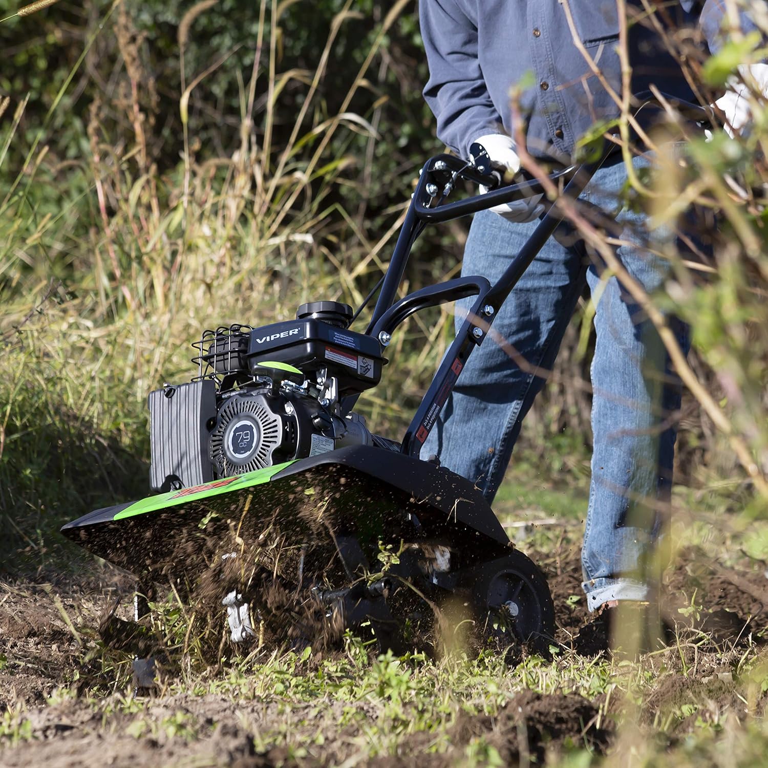 Tazz 35310 2-in-1 Front Tine Tiller/Cultivator, 79cc 4-Cycle Viper Engine, Gear Drive Transmission, Forged Steel Tines, Multiple Tilling Widths of 11”, 16” & 21”, Toolless Removable Side Shields, Green : Garden & Outdoor