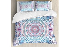 Ambesonne Mandala Duvet Cover Set, Medallion Design Floral Patterns and Leaves Boho Hippie Style Prints, Decorative 3 Piece Bedding Set with 2 Pillow Shams, Queen Size, Turquoise Purple