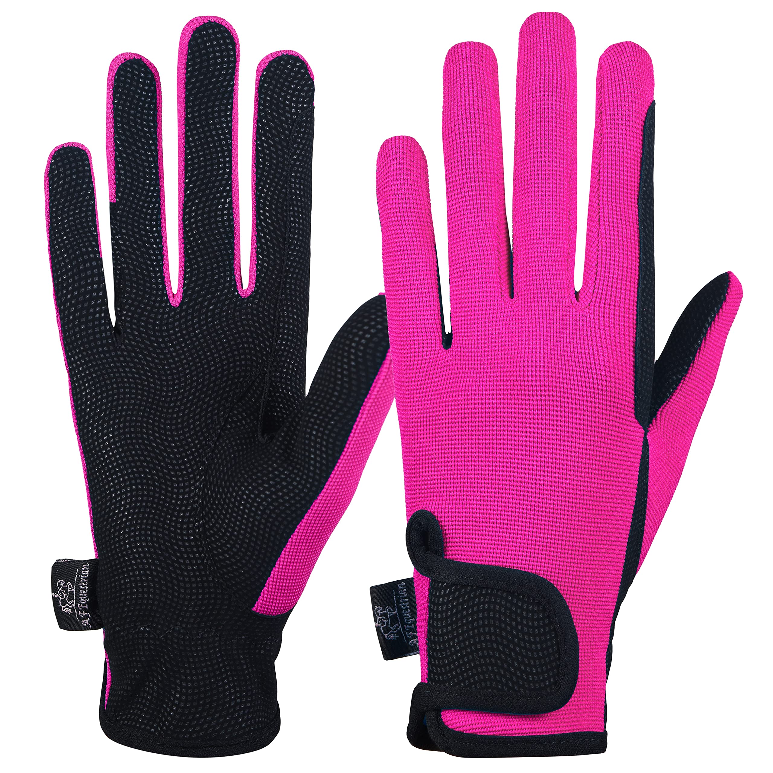 AFE Ladies Horse Riding Gloves Track Fabric Gloves Synthetic Leather Equestrian Black Stretch Fabric Pink Purple Lilac (Pink, Small)