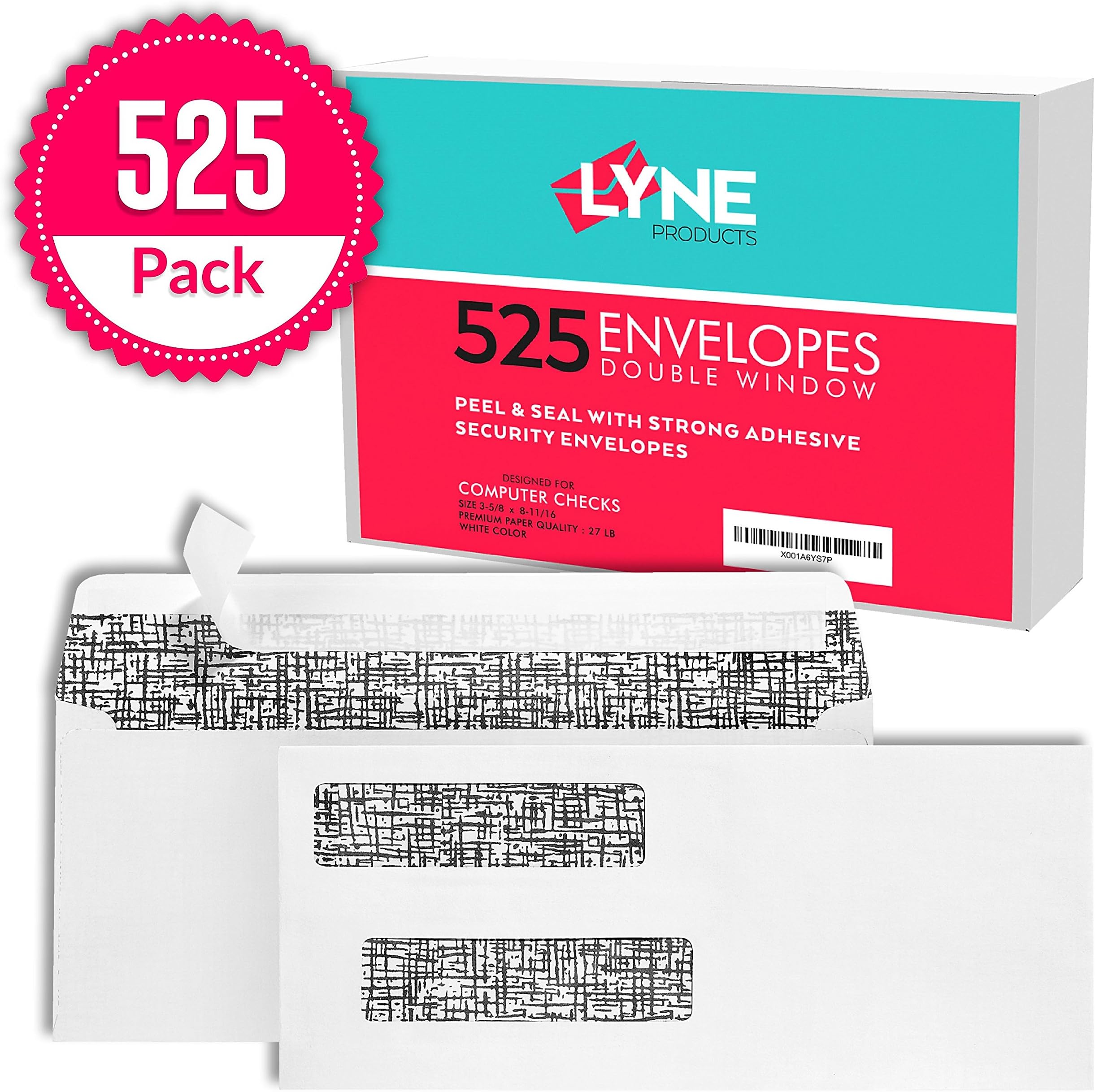 525 Self Seal Double Window Envelopes for Quickbooks Checks, 3 5 8 by 8 11 16