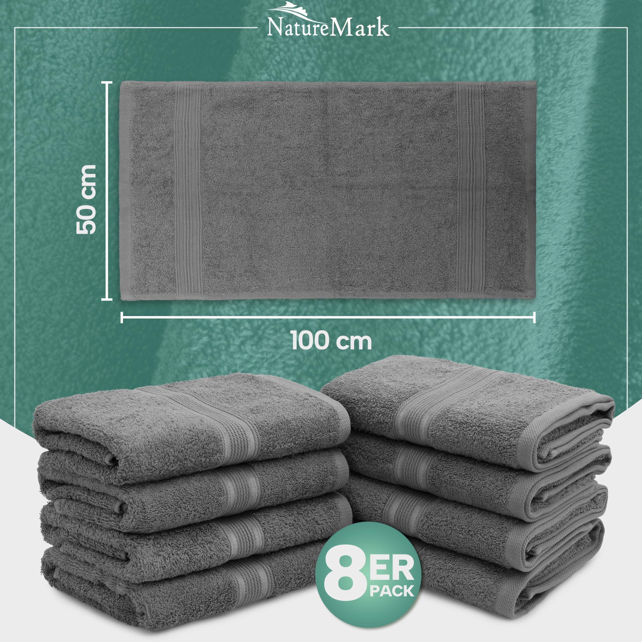 NatureMark 8 Handtücher Set - 100% Baumwolle - Saugfähige und langlebige Handtücher, Größe 50×100 cm, Anthrazit Grau 4
