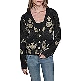 Karl Lagerfeld Womens Long Sleeve V Neck Patterned Cardigan Sweater