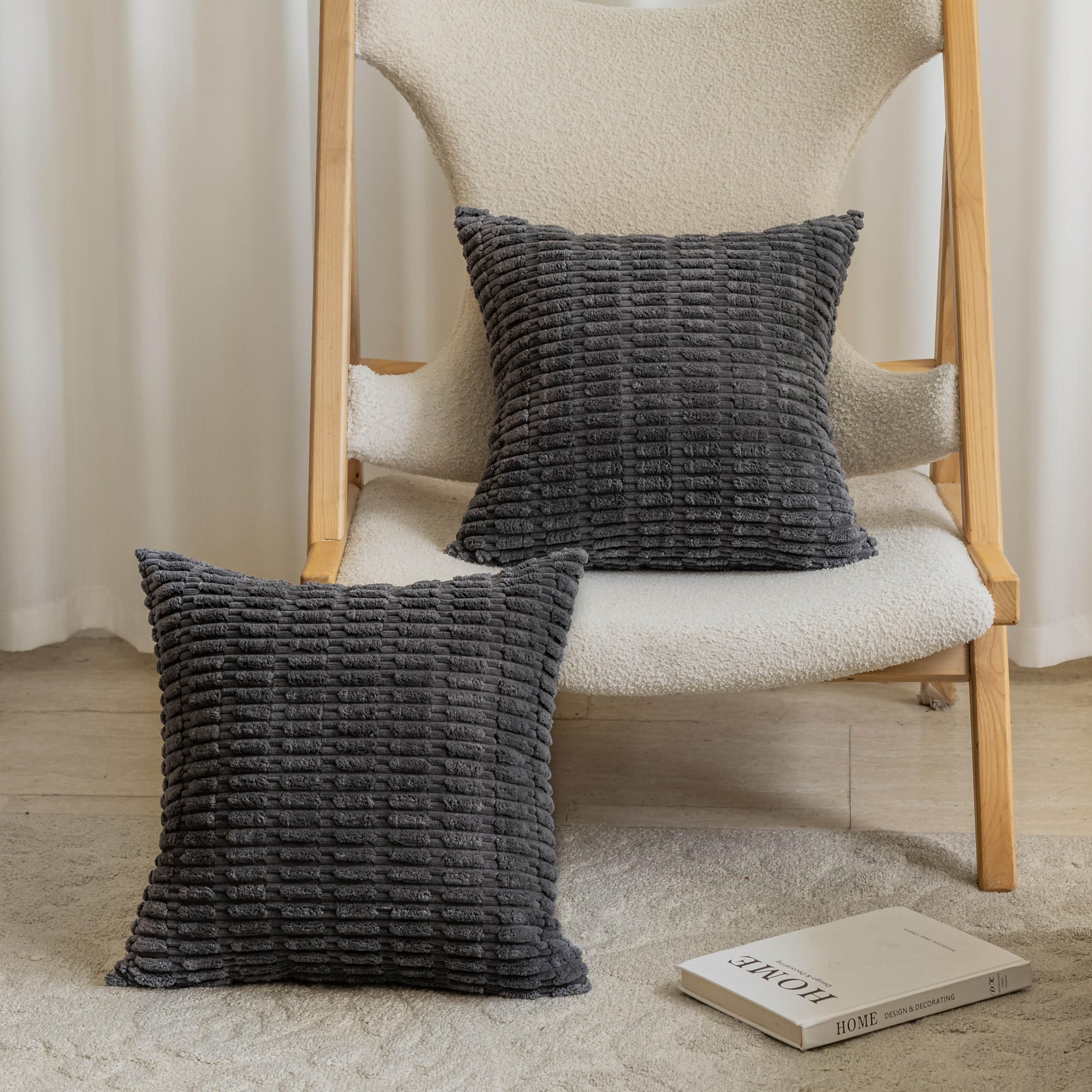 Home Brilliant Decorative Cushion Covers 45cm x 45cm, Soft Corduroy Grey Cushions Covers Cushion Protectors for Bed Couch Living Room, Set of 2, Dark Grey, 45x45 cm