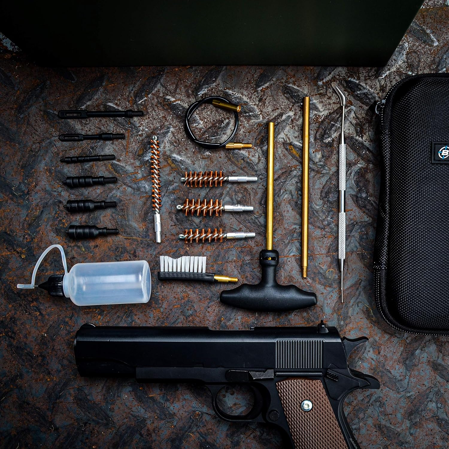 BOOSTEADY Universal Handgun Cleaning kit .22.357/.38/9mm.45 Caliber Pistol Cleaning Kit Brush Jag with Flexible Coated Cable and Empty Bottle in Zippered Case : Sports & Outdoors