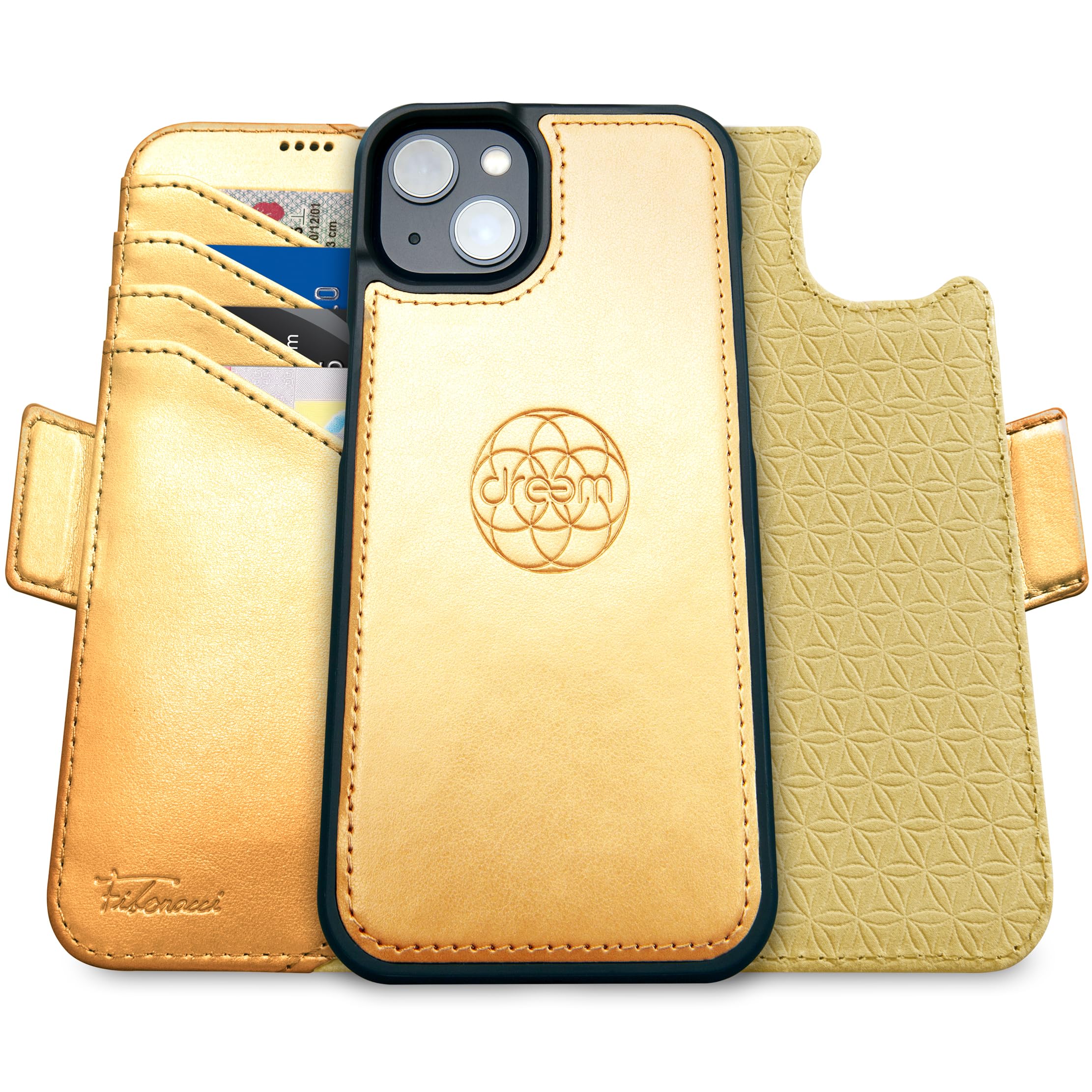 dreem Wallet Case for iPhone 15, Revolutionary Vert/Hor Phone Stand, Magnetic Detachable Vegan Leather Flip Cover RFID Blocking Card Holder, MagSafe-Fit, Gift Box [Fibonacci: Gold] — image 1