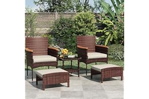ARTBUSKE 5 PCS Outdoor Patio Furniture Set with Table&Ottoman Outdoor Furniture Patio Set Bistro Wicker Patio Set (Brown Wicker&Khaki Cushion, 5PC - 2 Chair + 2 Ottoman + 1 Table)