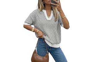 MAIPOETYRY Women's 100% Cotton Polo V Neck Striped Short Sleeve Pullover Sweater Casual Spring Top