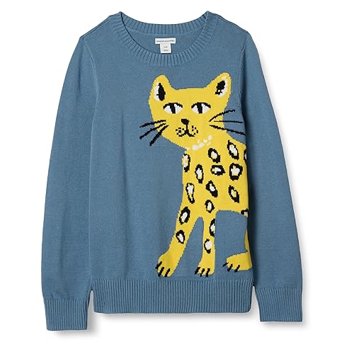 Amazon Essentials Girls' Pullover Crewneck Sweater, Blue Cat, Large