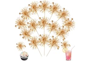 YCTHUNFISH 30 Pack Foil Frill Firework Cupcake Toppers Sparkle Tinsel Happy Birthday Holiday Cupcake Picks Drink Stirrers Cocktail Food Fruit Toothpicks for Birthday Cupcake Decorations Party Supplies Gold