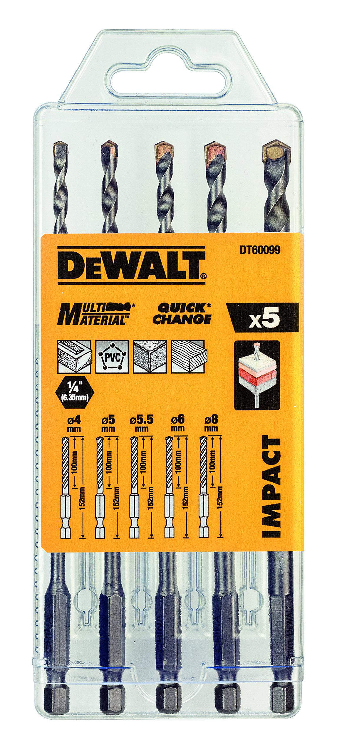 Dewalt multi-purpose drill bit, set of 5 pieces DT60099-QZ shock-proof, pack of 1, silver