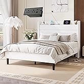 SHA CERLIN Queen Bed Frame with Charging Station, Velvet Upholstered Platform Bed, Wingback Storage Headboard, Type-C & USB Ports, Strong Wooden Slats, No Box Spring Needed, Easy Assembly, White
