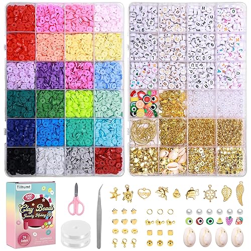 Tilhumt 6700Pcs Clay Beads Bracelet Making Kit, 24 Colours Polymer Flat Polymer Heishi Beads with Charms for Friendship Jewelry Necklace Bracelet Making Kit, Crafts Gift for Beginners & Craft Lovers