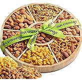 NUT CRAVINGS - Purim Mishloach Manot Mixed Nuts Gift Basket in Reusable Round Wooden Tray + Green Ribbon (7 Assortments) Ramadan Gifts Treats for Adults, Healthy Snack Care Package Kosher