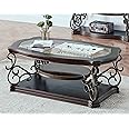 SSLine Vintage Wood Coffee Table Elegant Curved Rectangle Cocktail Table with Tempered Glass Top & Marble Shelf Traditional 3-Tier Living Room Center Tables for Home Office(Dark Brown)