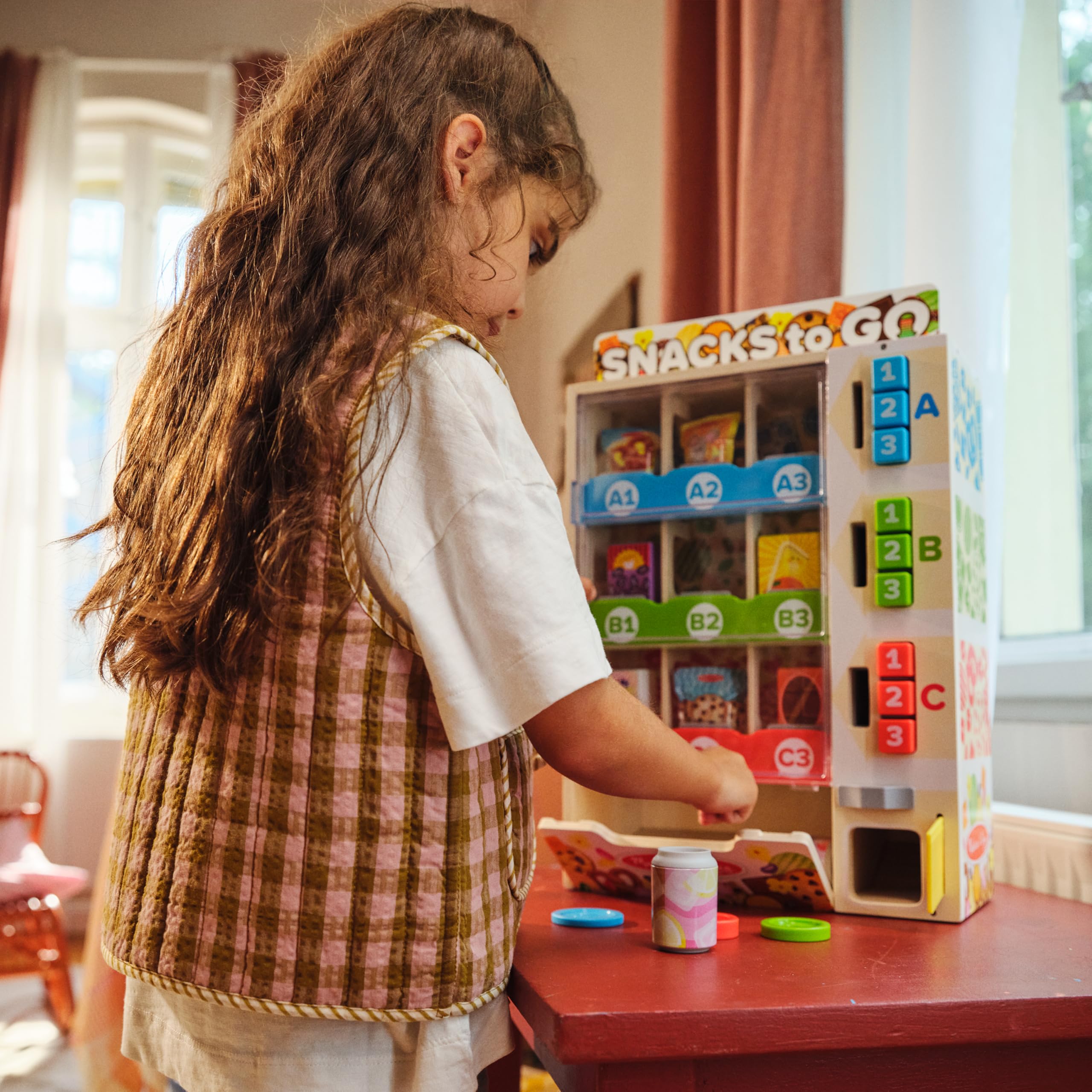 Melissa & Doug Sort-Stock-Select Wooden Vending Machine Toy with Play Food, Mini Vending Machine Toys & Play Money, Preschool Toys for Kids Ages 3+