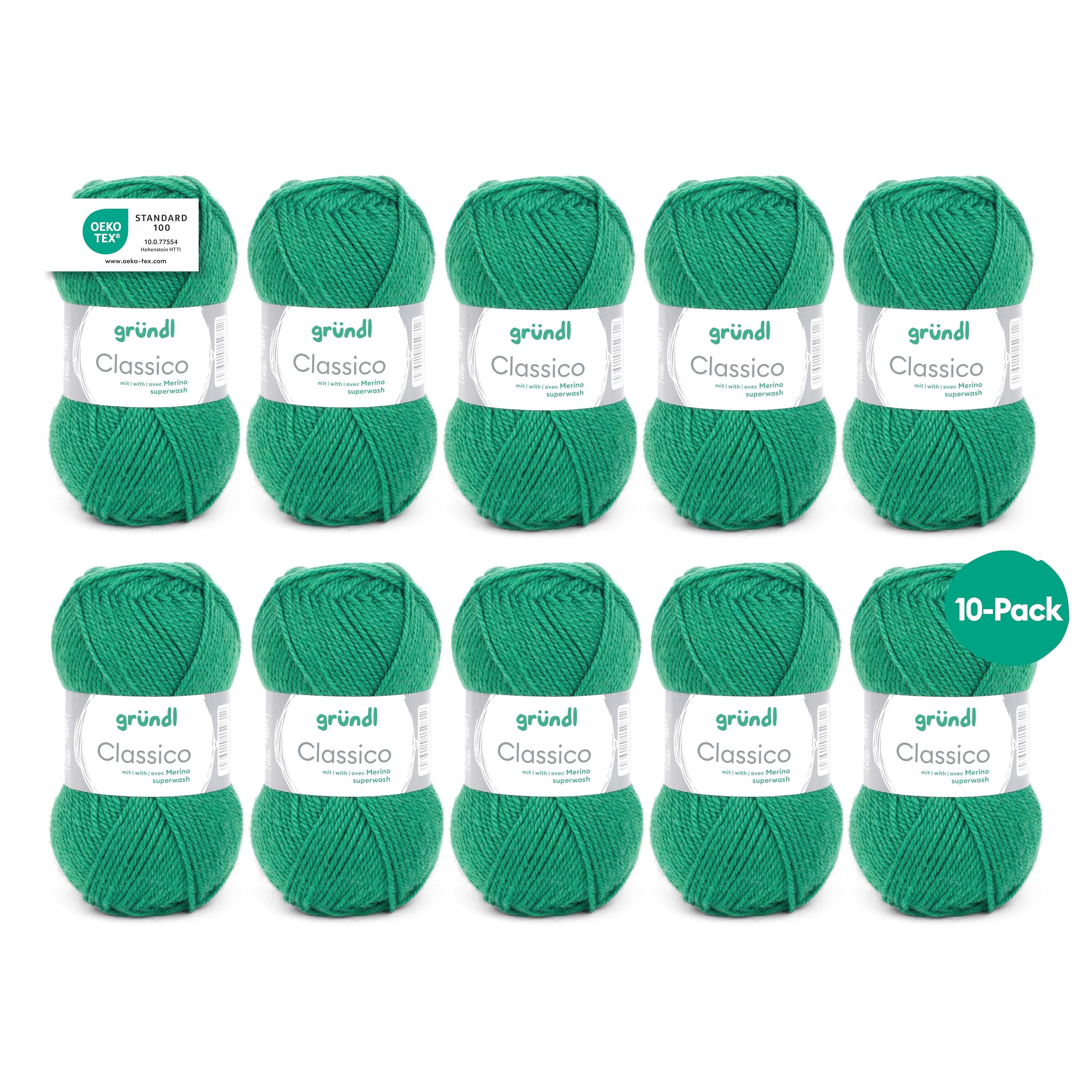 Gründl Classico Value Pack 10 Balls of Hand Knitting Yarn, Virgin Wool (Merino Superwash), 50% Polyacrylic, Leaf Green, 30 x 32 x 8 cm, 1200