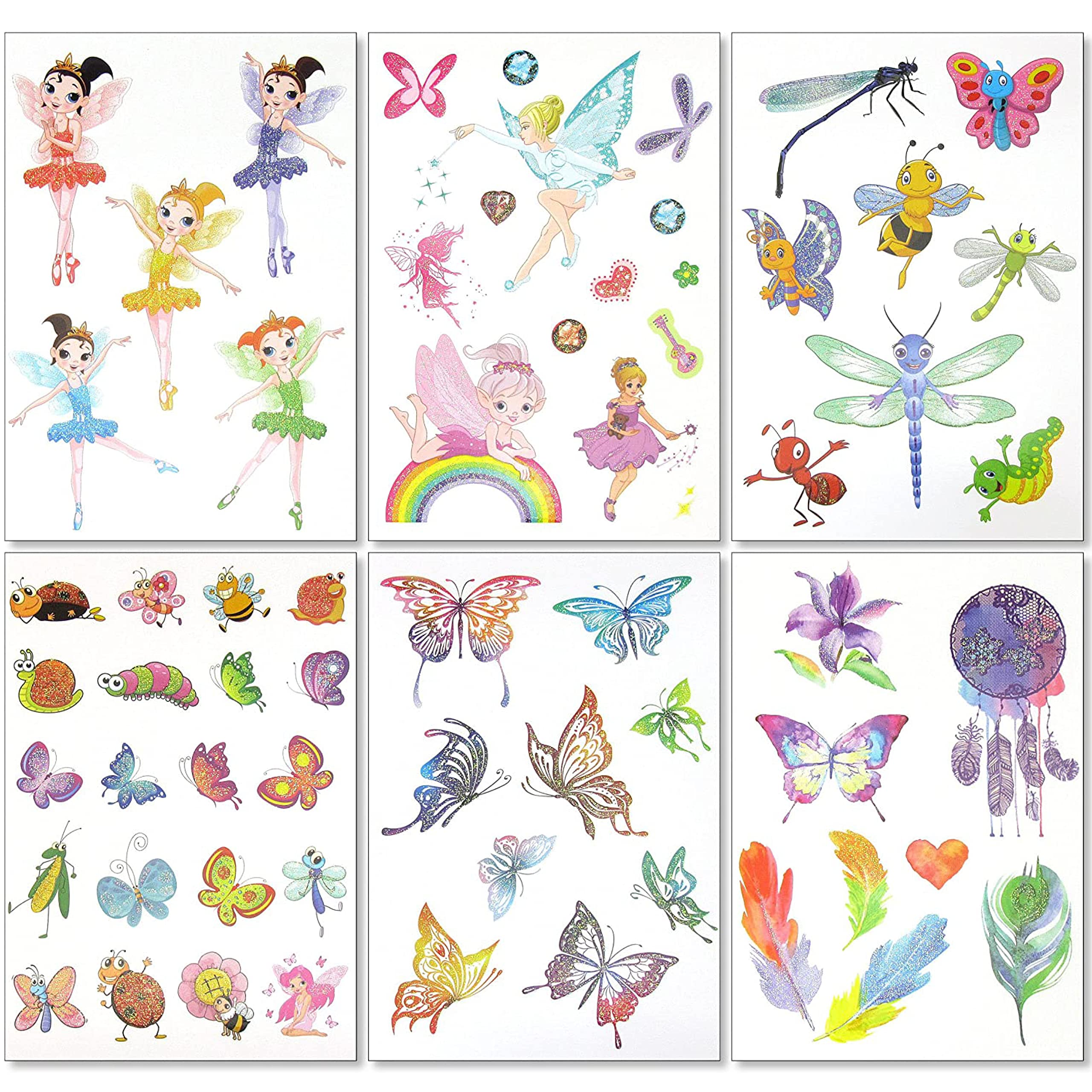 Temporary Tattoos for Girls Boys - 6 Sheets of Glitter Tattoo Fun Sparkle Stickers - 60+ Shining Fake Tattoos Fairy Heart Butterfly Feathers - Rainbow Flash Waterproof Transfers - Party Bag Filler
