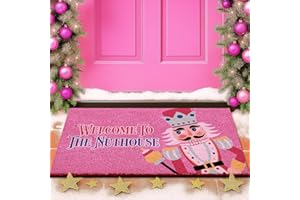 Lanpn Christmas Welcome Natural Coir Door Mat, Nutcracker Coco Front Door Outdoor Doormat Outside Entrance Porch Non Slip Rubber Rug Winter Xmas Farmhouse Decor (Pink, 30x17 inch)
