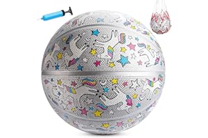 INPODAK Girls Basketball, Size 5 Unicorn Basketball 27.5 inch with Pump for Youth Kids, Christmas Child Gift