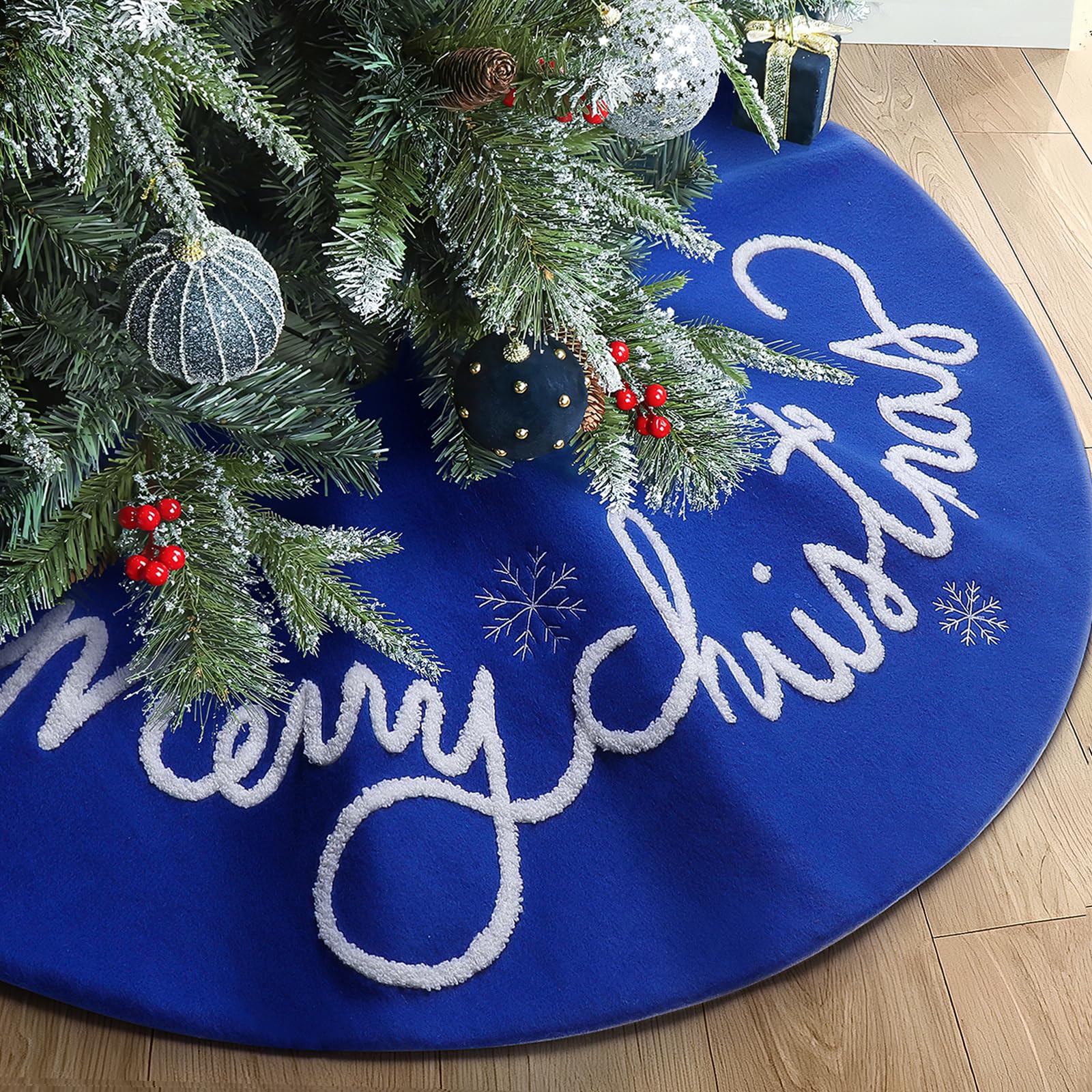 Photo 1 of XAMSHOR 32 Inches Christmas Tree Skirt, Felt Xmas Tree Skirt with Embroidered Merry Christmas Patterns, Indoor Christmas Decorations, Blue