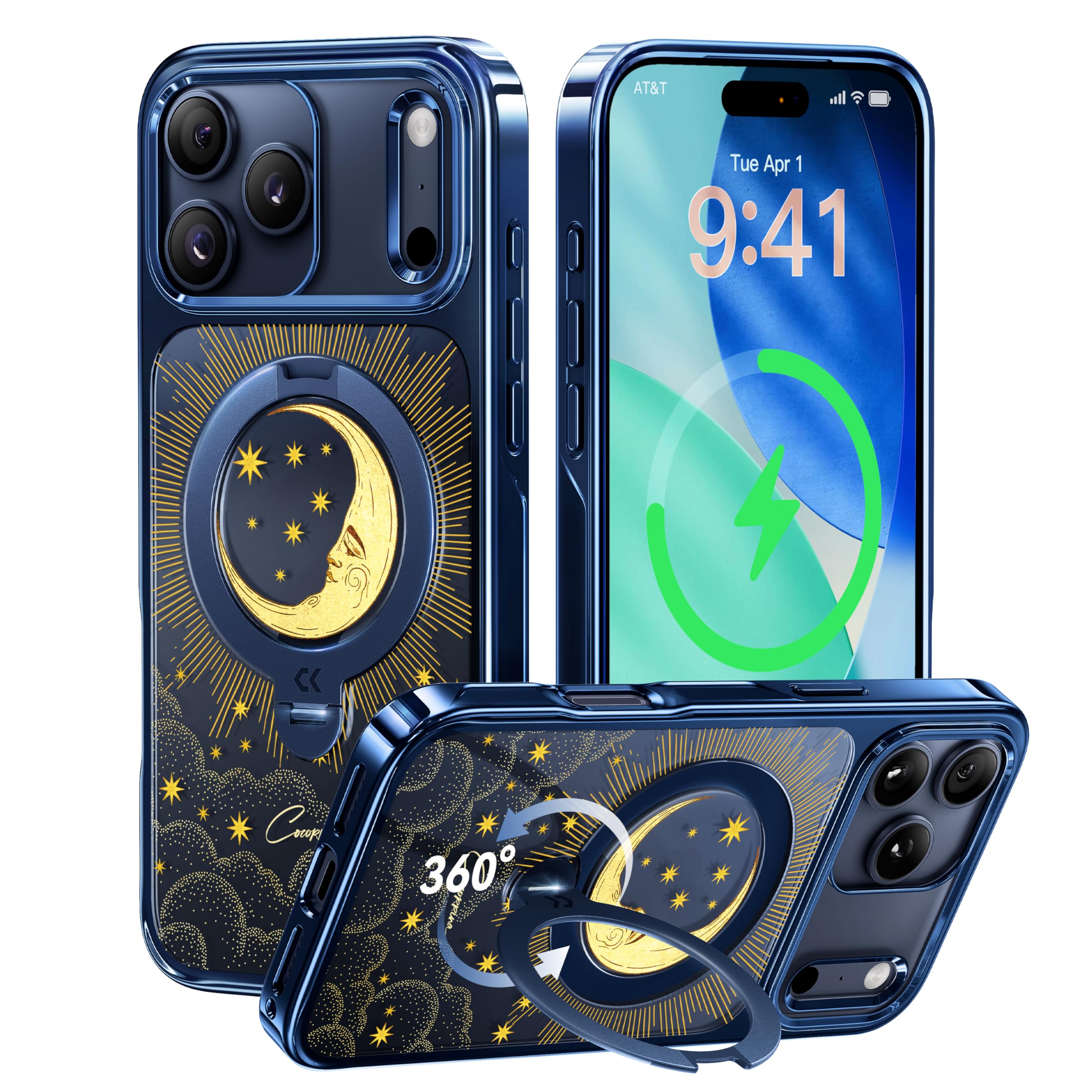 CASEKOO The Cocorrina The Moon Tarot 360° Spin Built-in Magnetic Stand for iPhone 17 Pro Max Case, Fit for MagSafe, 17FT Drop Protection, Chic Design for 17 ProMaxCase with Stand, Deep Blue Image