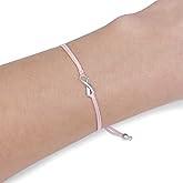 Breast Cancer Awareness Pink Womens Friendship Support Bracelet, Handmade Small Sterling Silver Ribbon Shaped Charm, Adjustable Pull Thread Cord with Silver Bead Ends