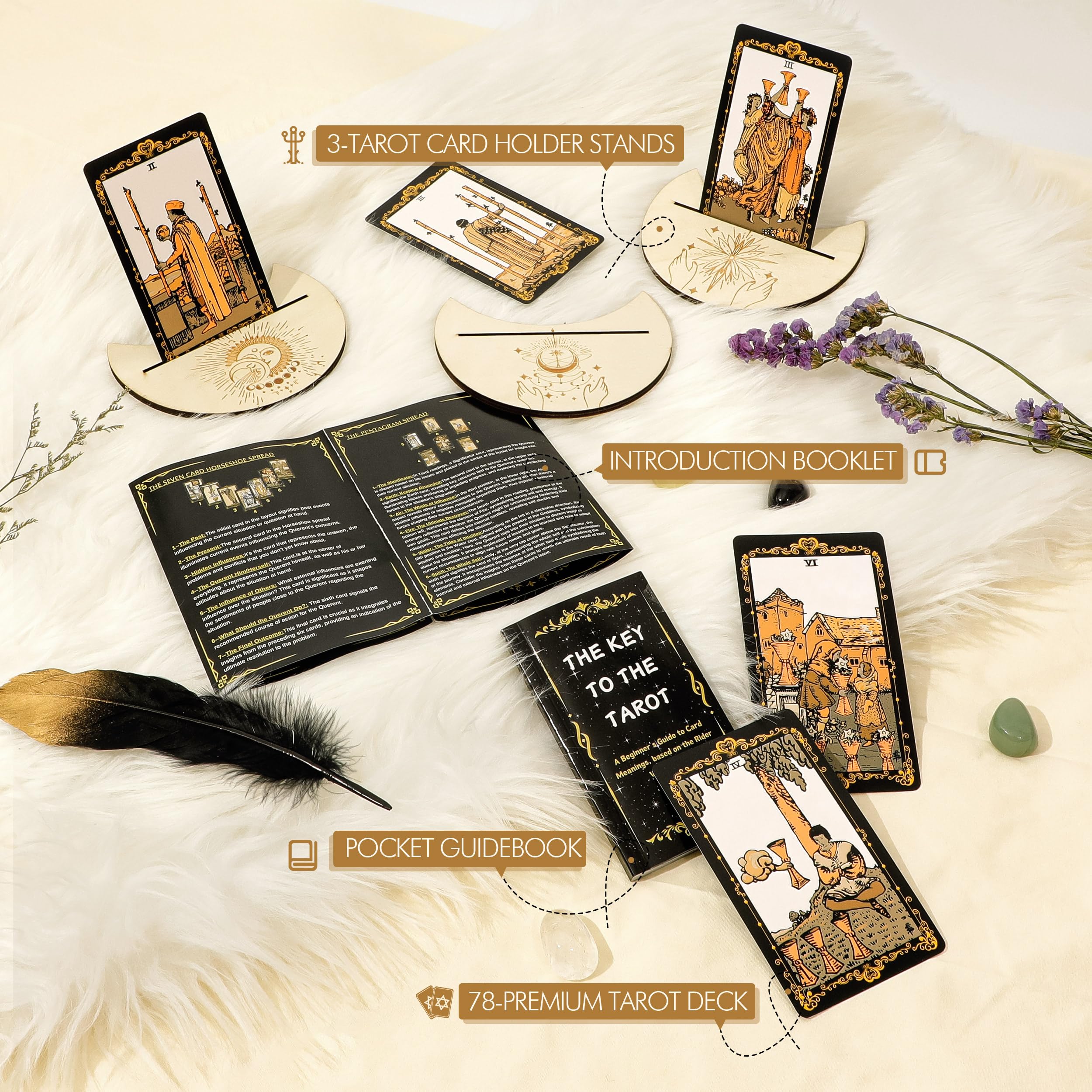 Tarot Cards with Guide Book, 78 Black Tarot Deck Set with Table Cloth, Chakra Stones, Velvet Bag and More, Classic Tarot Cards for Beginners Kit, Fortune Telling Game
