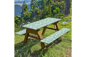 Vaukki Picnic Table and Bench Fitted Tablecloth Cover, Picnic Table Cover with Bench Covers, Flannel Backing Elastic Waterproof Plastic Cover with Bag for Outdoor and Camping(Green Leaf,72 inches)