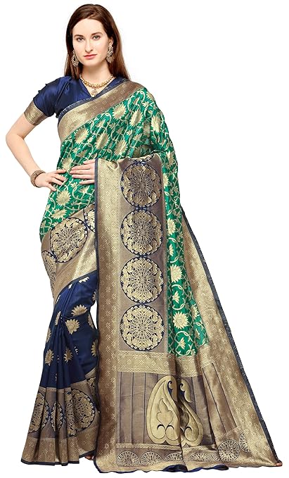 KEDARFAB Womens Banarasi Silk Saree With Blouse Piece (Blue Green)