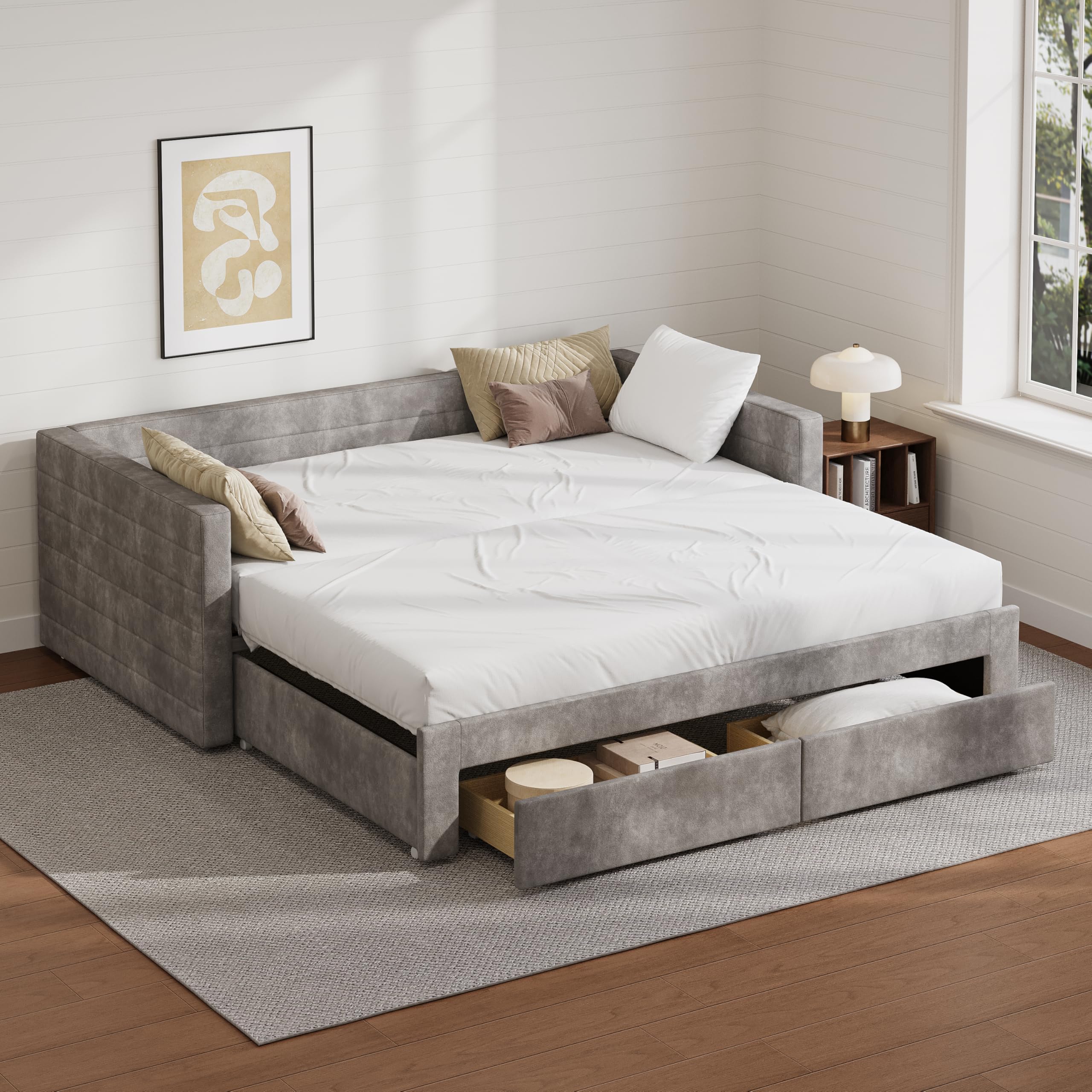 Photo 1 of **SELLING FOR PARTS. ONE OF TWO BOXES**Twin Size Upholstered Extendable Daybed Frame with Trundle, Space-Saving Twin to King Design, Chenille Fabric Sofa Bed with Storage Drawers for Living Room Guest Room, Gray