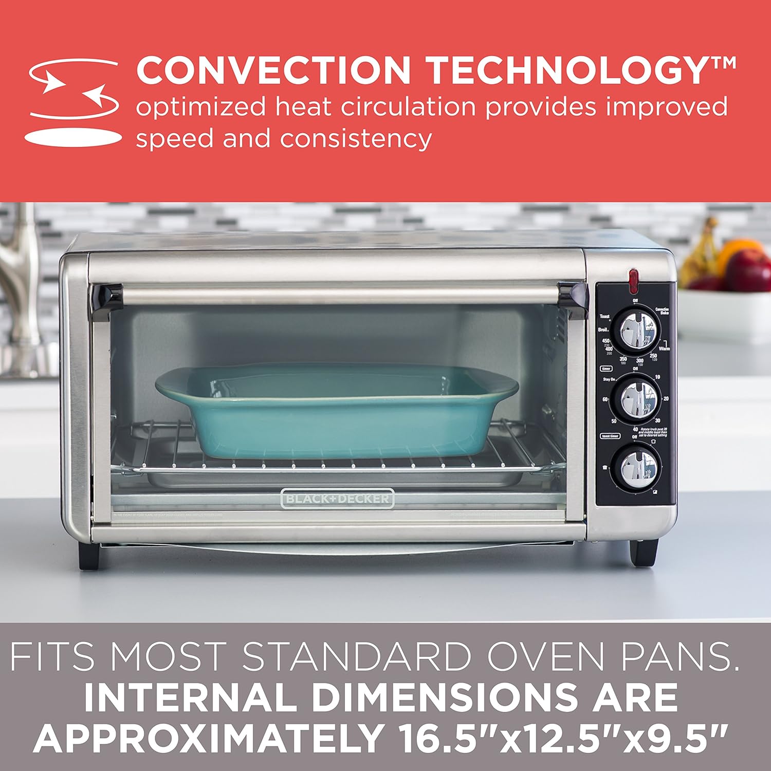 BLACK+DECKER TO3250XSB 8-Slice Extra Wide Convection Countertop Toaster Oven, Includes Bake Pan, Broil Rack & Toasting Rack, Stainless Steel/Black: Kitchen & Dining