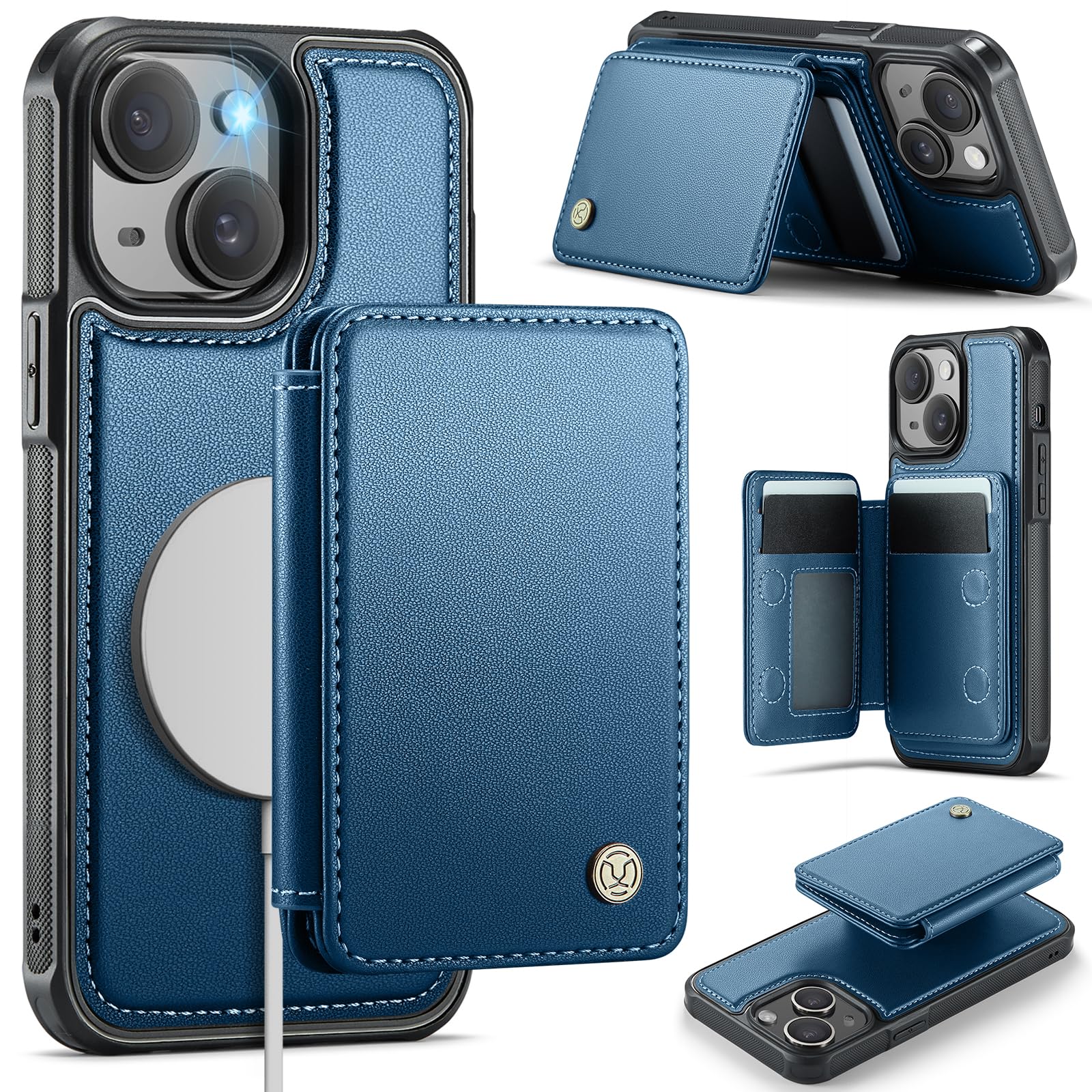 Photo 1 of Usroom Compatible with Magsafe for iPhone 14 Wallet Case Magnetic Card Holder, RFID Blocking 2 in 1 Detachable Kickstand Shockproof Cover for Women Men, Blue